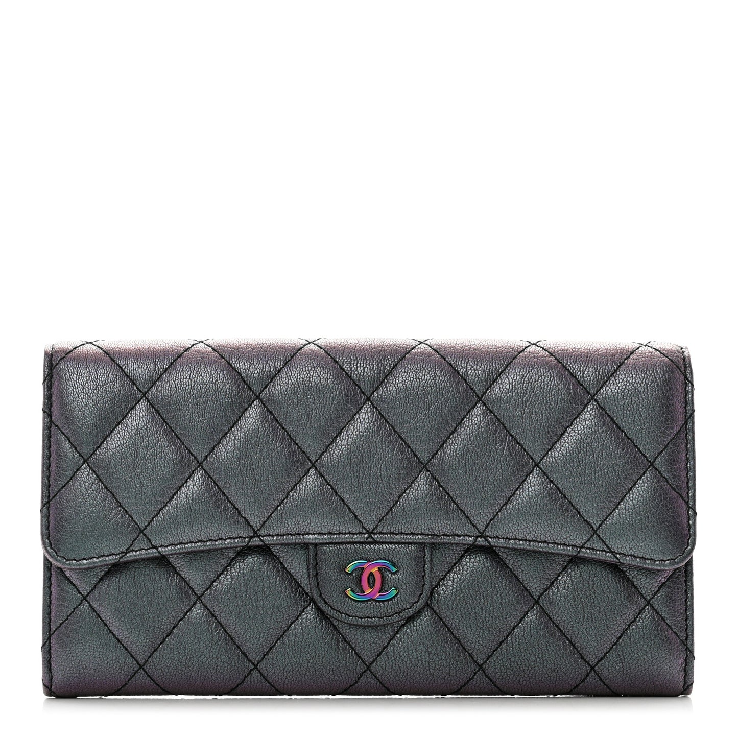 Iridescent Goatskin Quilted Large Flap Wallet Purple