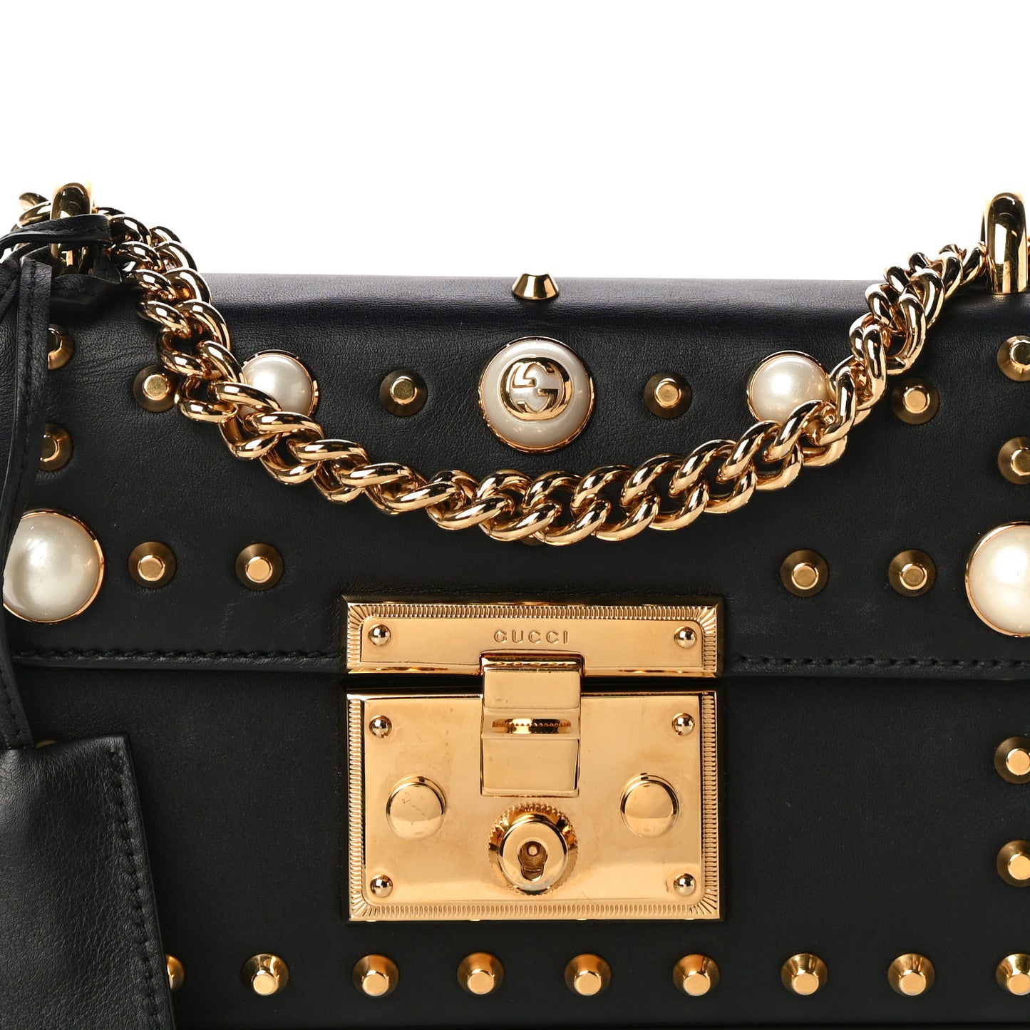 Calfskin Studded Small Padlock Shoulder Bag Black