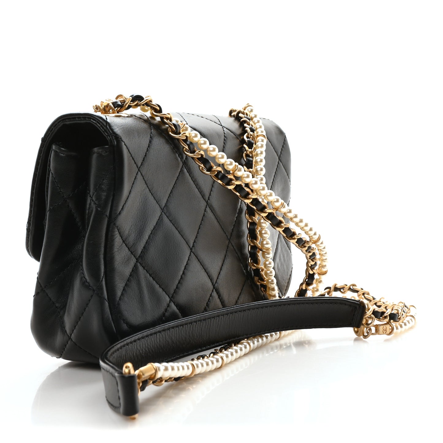 Calfskin Quilted Mini Rectangular Crystal Pearls Chain Flap Black