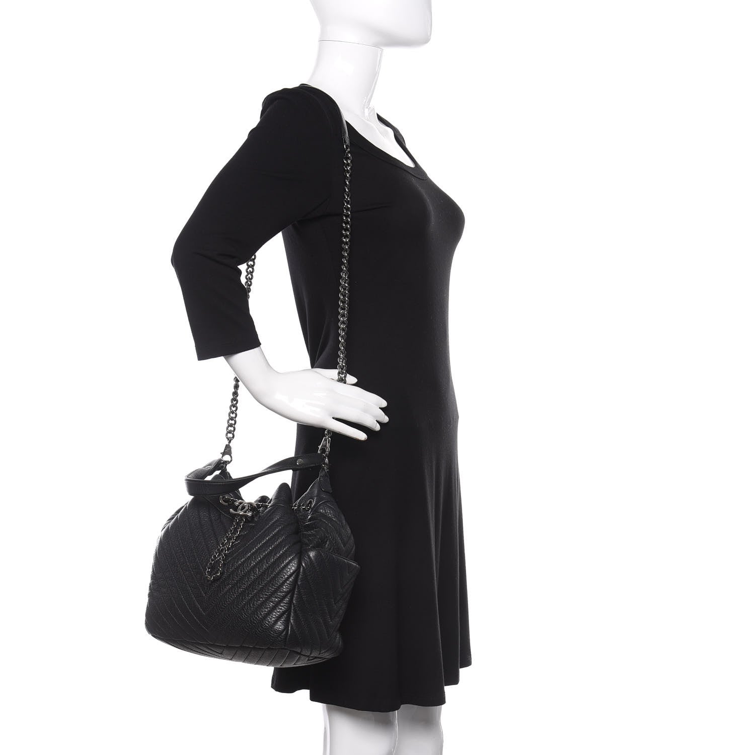 Chanel Deerskin Chevron Medium CC Chain Bucket Drawstring Bag Black 2 of 10