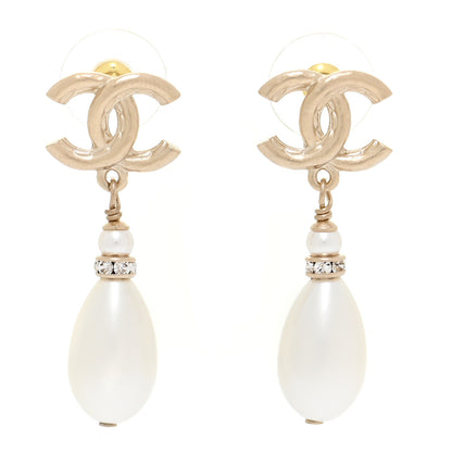 Chanel Crystal Pearl CC Drop Earrings Gold Pearly White 1 of 5