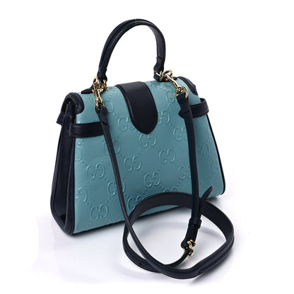 Gucci Wonka Grain Calfskin Bi-Color GG Debossed Small Top Handle  Dusty Azure Blue 2 of 7