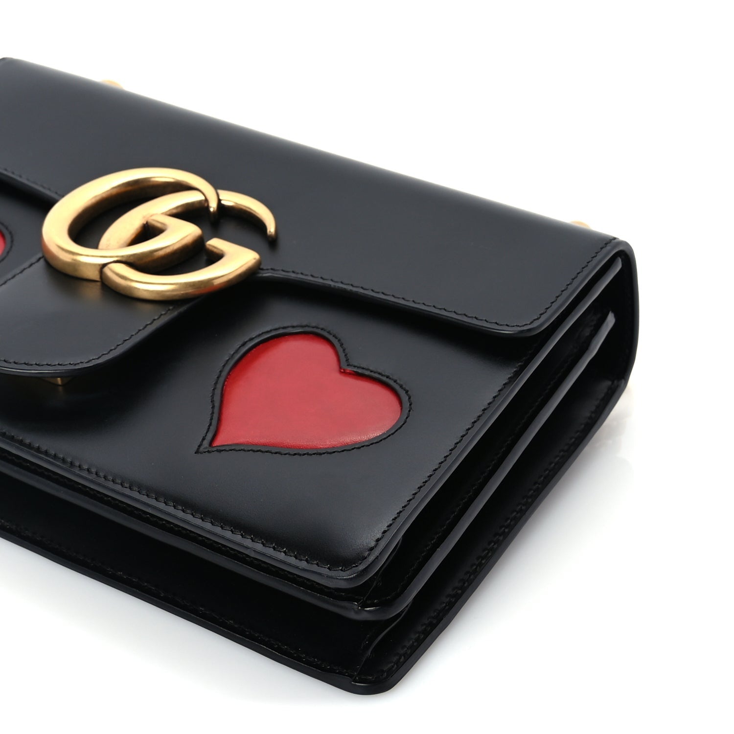 Gucci Knight Calfskin Malaga Kid Heart Medium GG Marmont Chain Handle Bag Black Hibiscus Red Multicolor 9 of 9