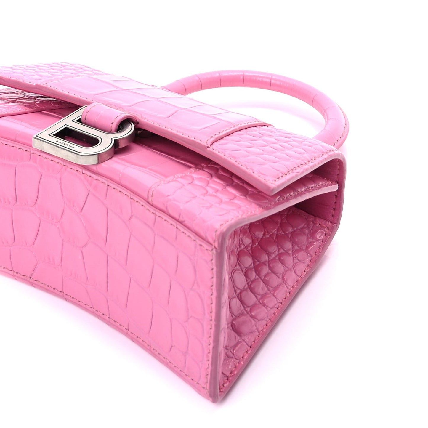 Shiny Calfskin Crocodile Embossed Hourglass Top Handle Bag XS Baby Pink