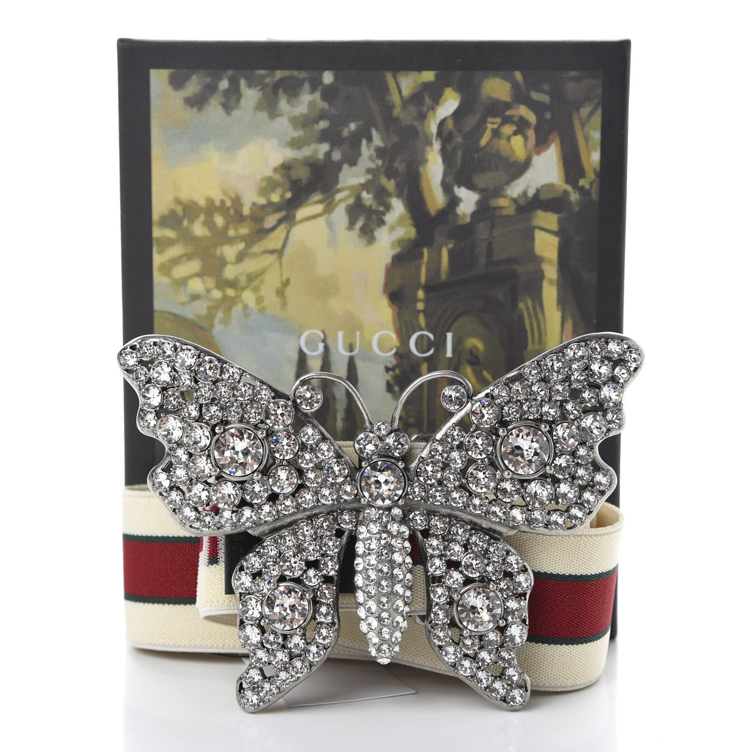 Gucci Jacquard Crystal Stripe Butterfly Belt 80 32 White 5 of 5