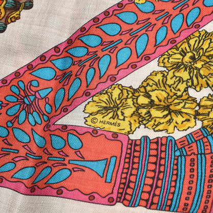 Hermes Cashmere Silk La Danse Du Cheval Shawl 140 Naturel Rose Vert 4 of 7