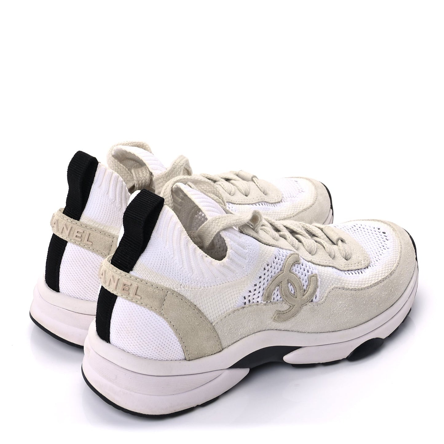Knit Fabric Suede Calfskin Womens CC Sneakers 36.5 Ivory Light Beige