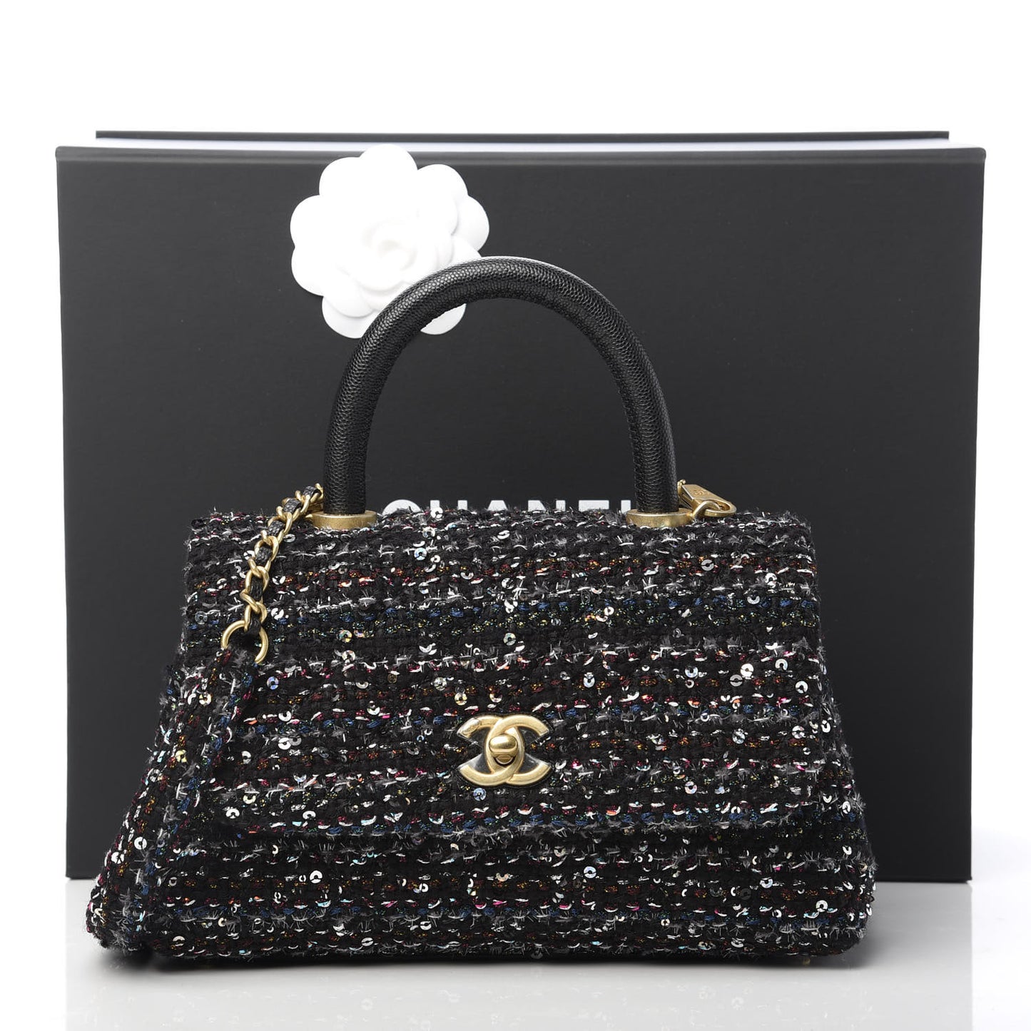 Tweed Sequin Mini Coco Handle Flap Black