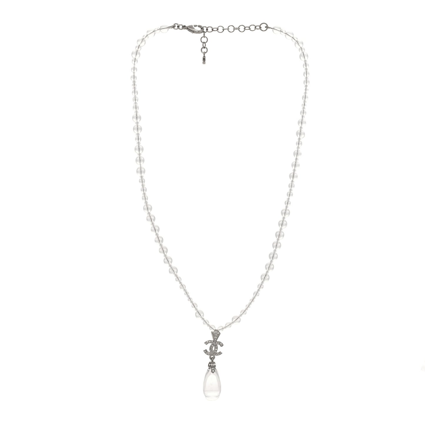 Crystal Bead CC Drop Necklace Silver