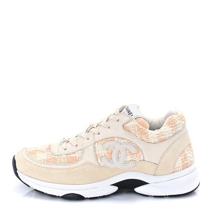 Chanel Tweed Suede Calfskin Womens CC Sneakers 39 Orange 1 of 8