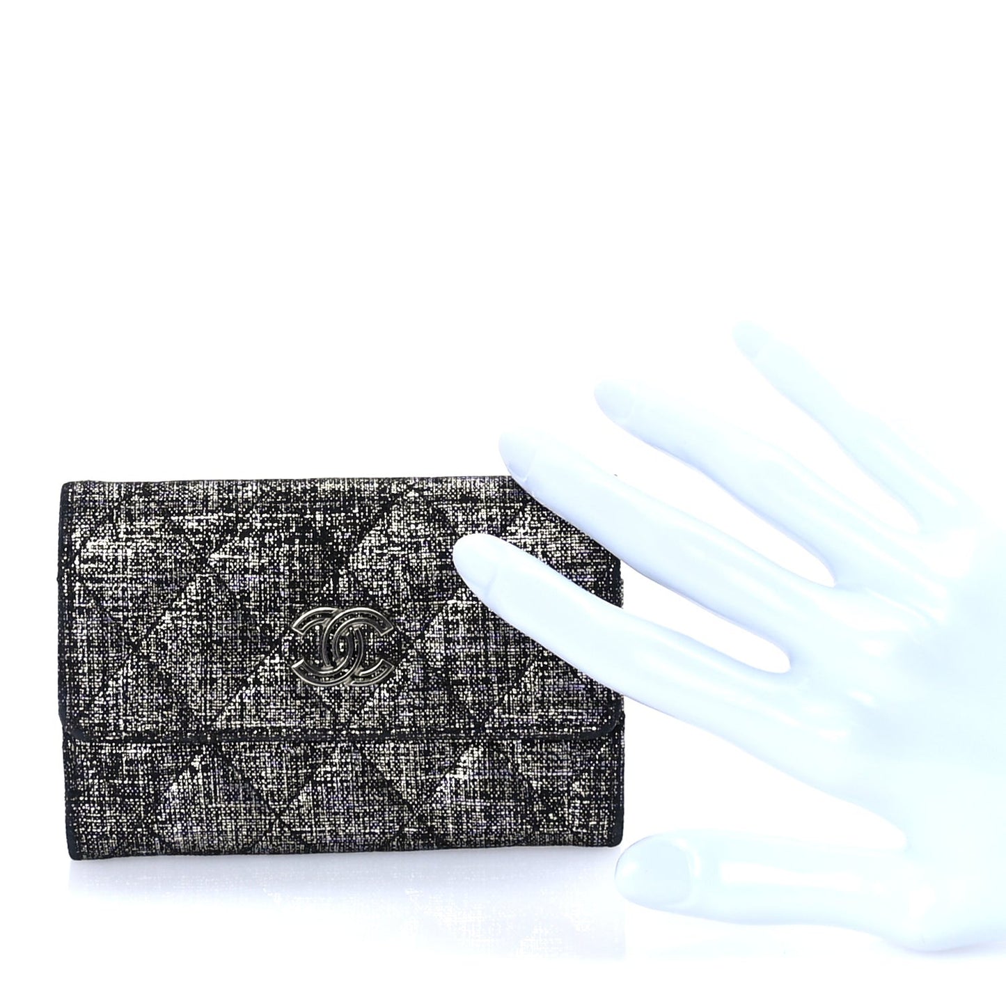Glittered Calfskin Quilted Flap Card Holder Dark Grey