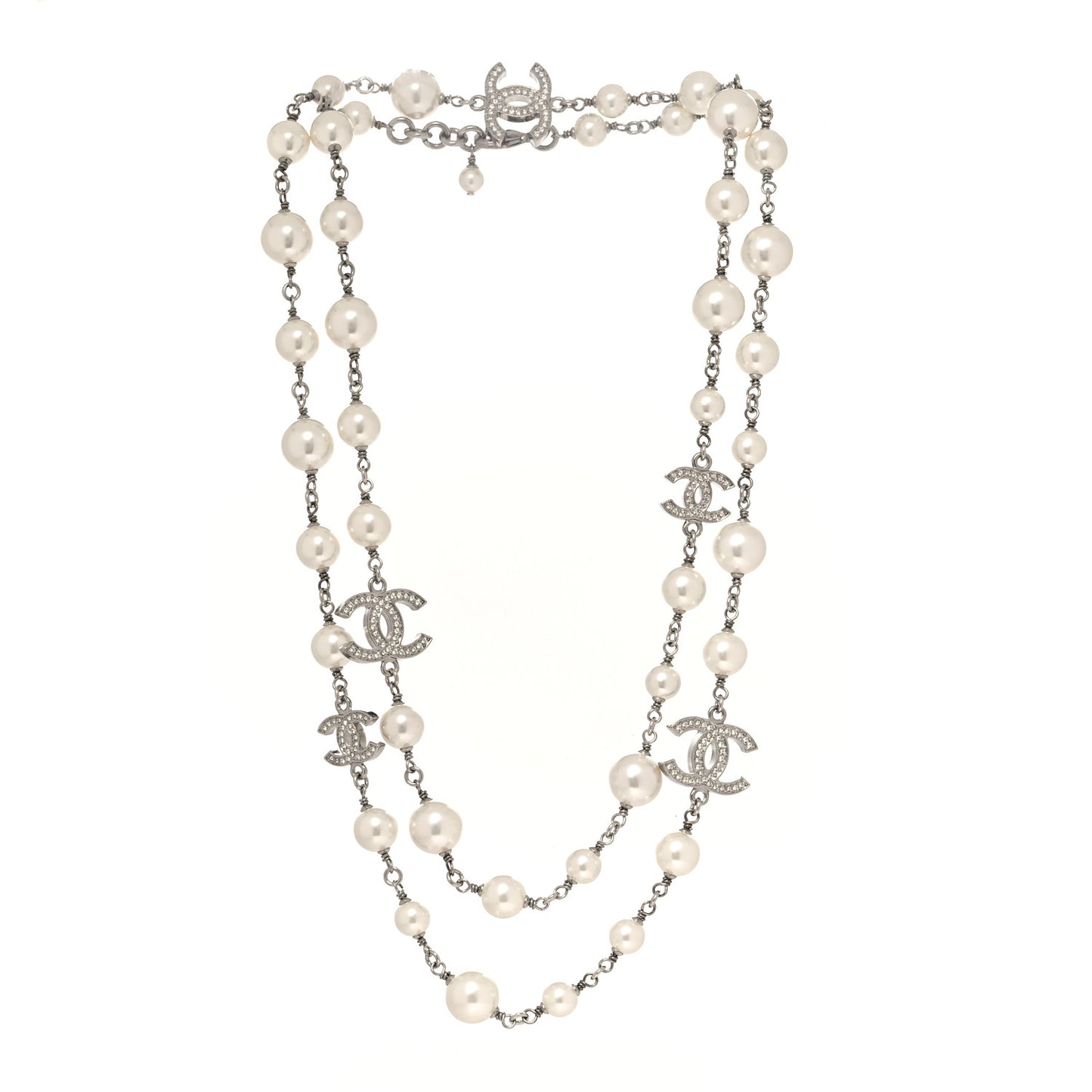 Graduated Pearl Crystal CC Long Necklace Silver