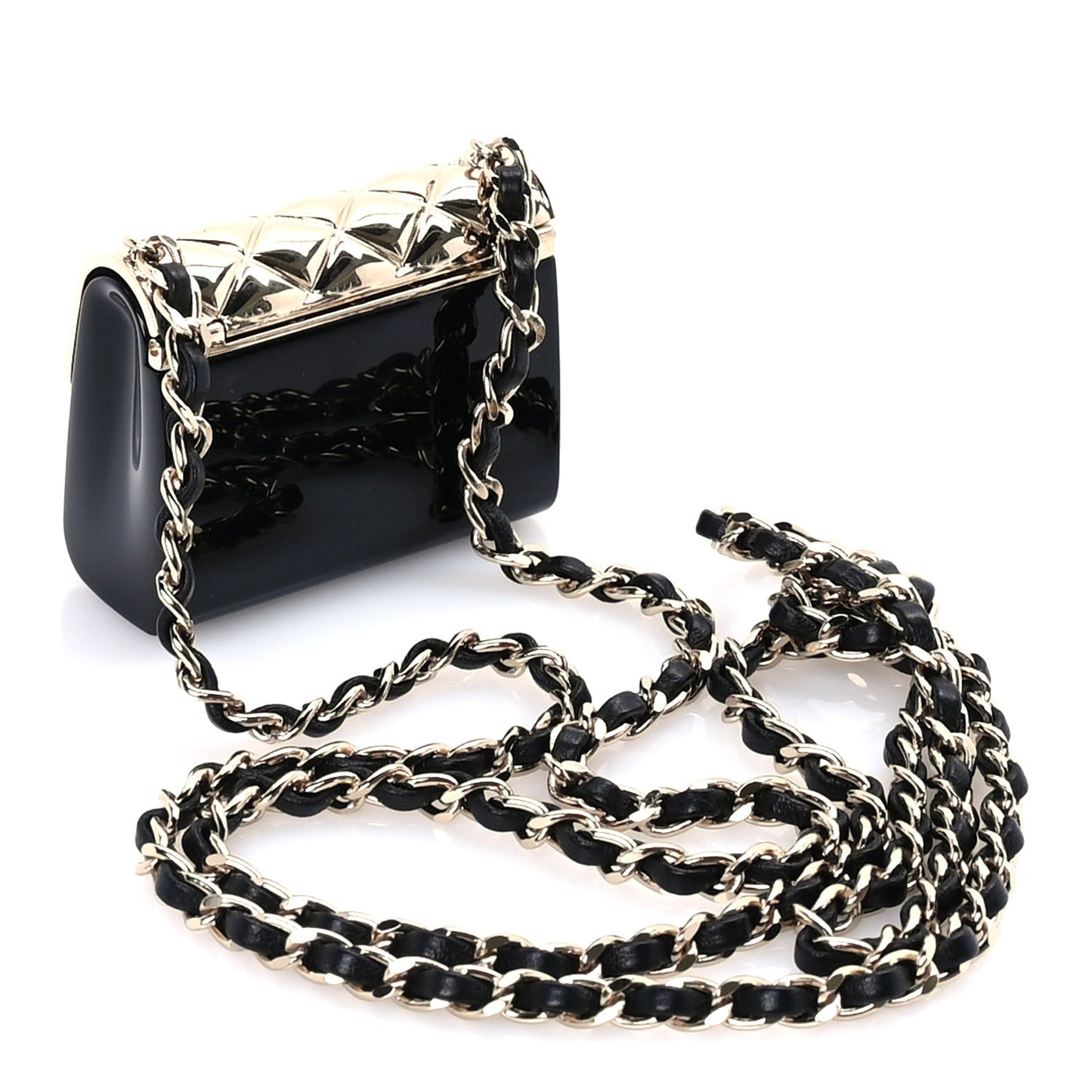 Metal Resin Lambskin Flap Bag Long Necklace Gold Black