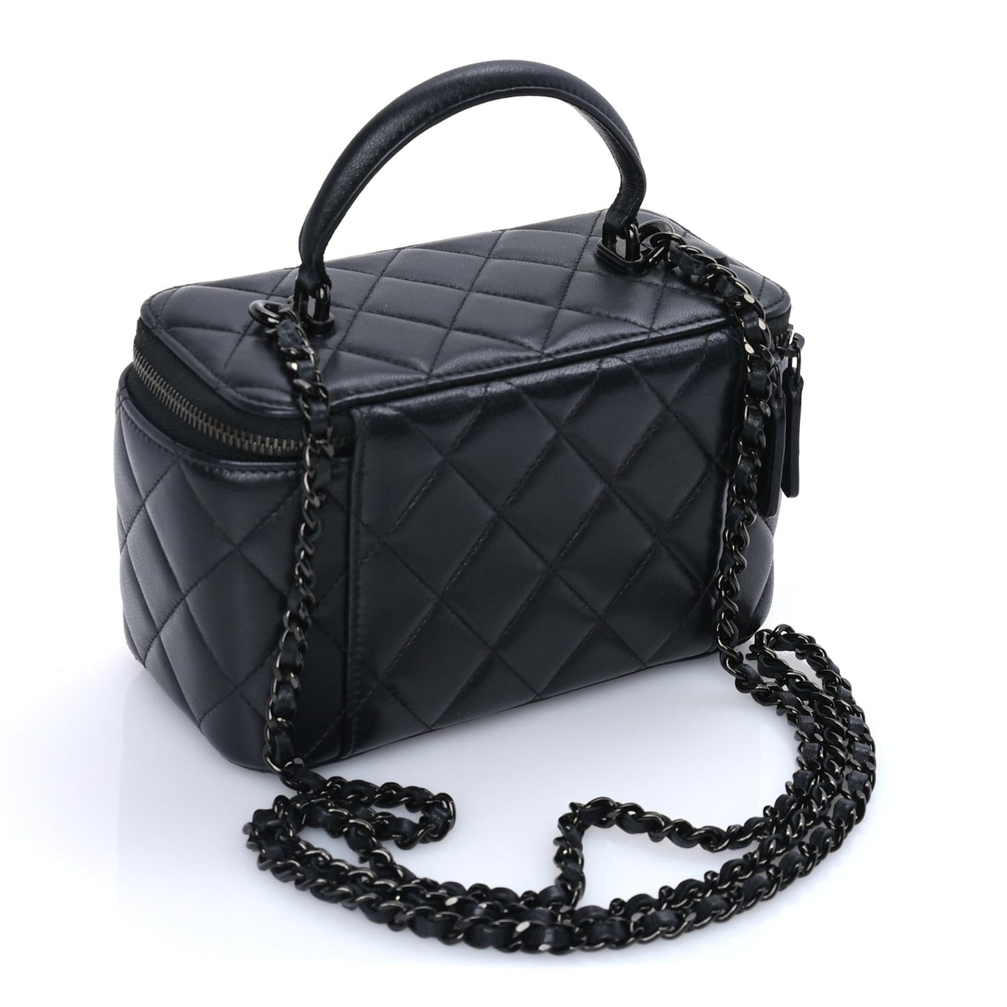 Lambskin Quilted Small Top Handle Vanity Case With Chain So Black