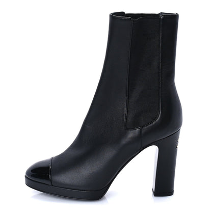 Chanel Lambskin Patent Cap Toe Pearl CC Ankle Boots 37.5 Black 1 of 7