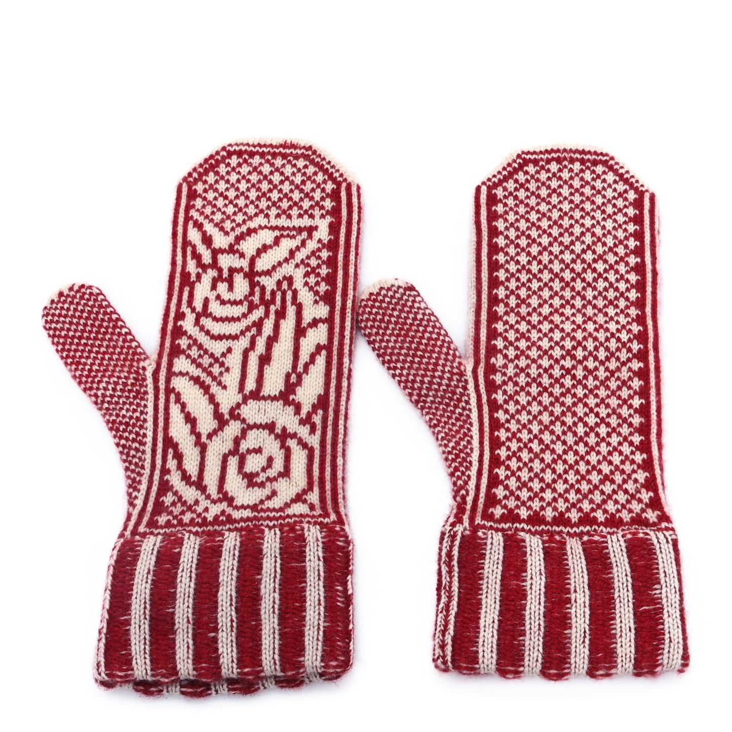 Cashmere Camelia Knit Mittens Red Ivory