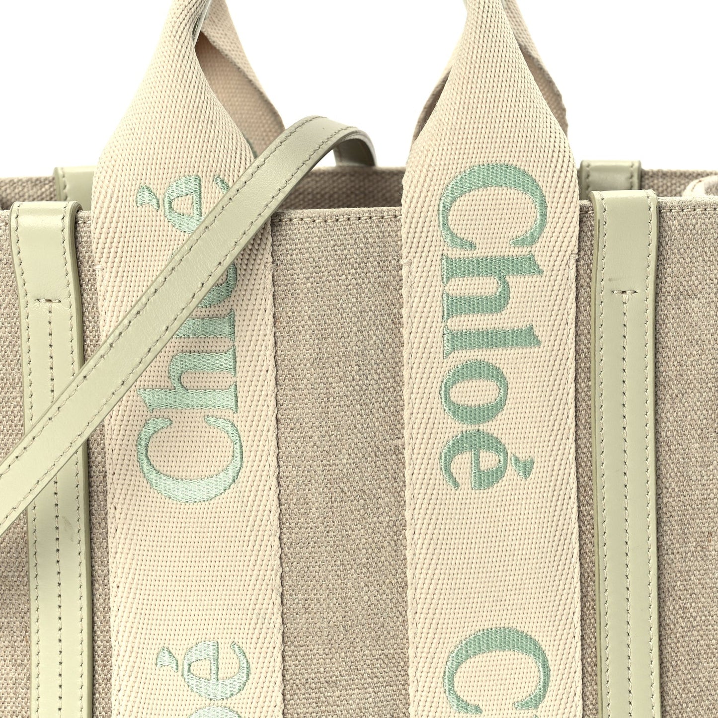 Linen Calfskin Small Woody Ribbon Tote With Strap  Light Eucalyptus