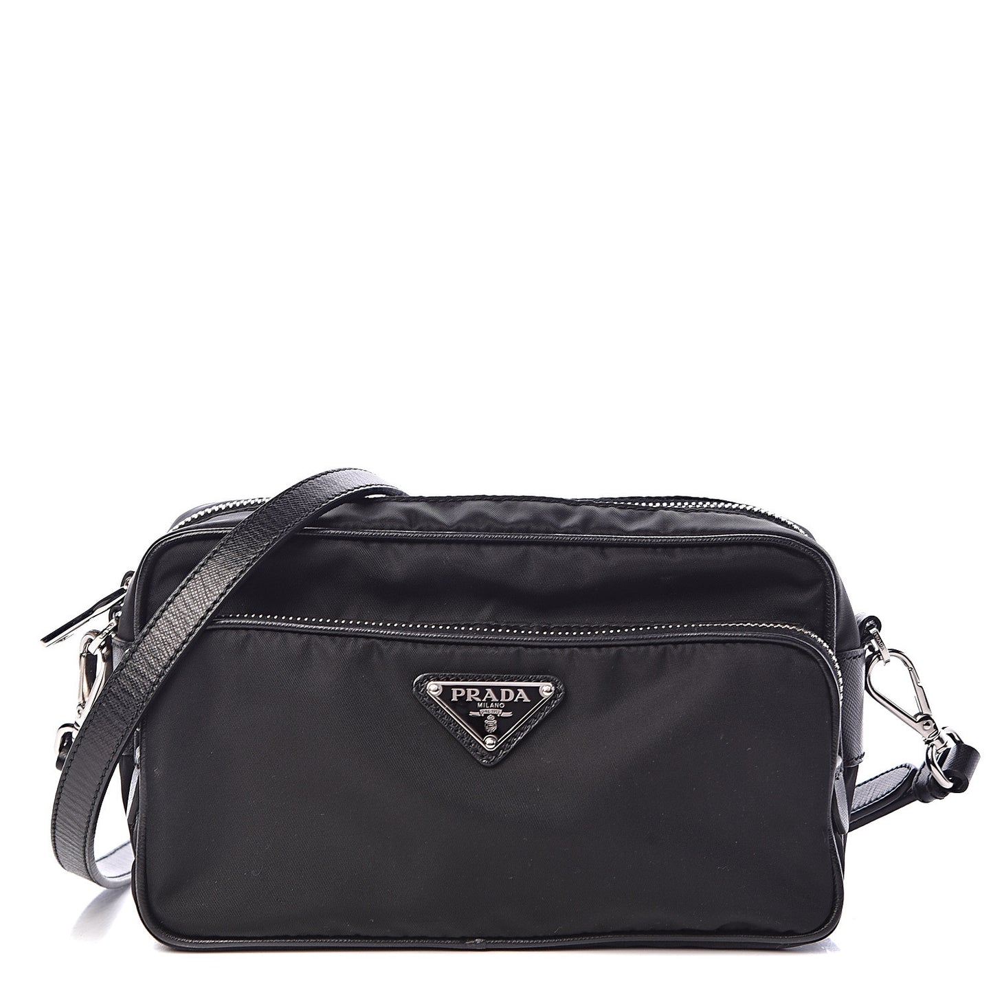 Nylon Saffiano Vela Double Zip Crossbody Bag Black