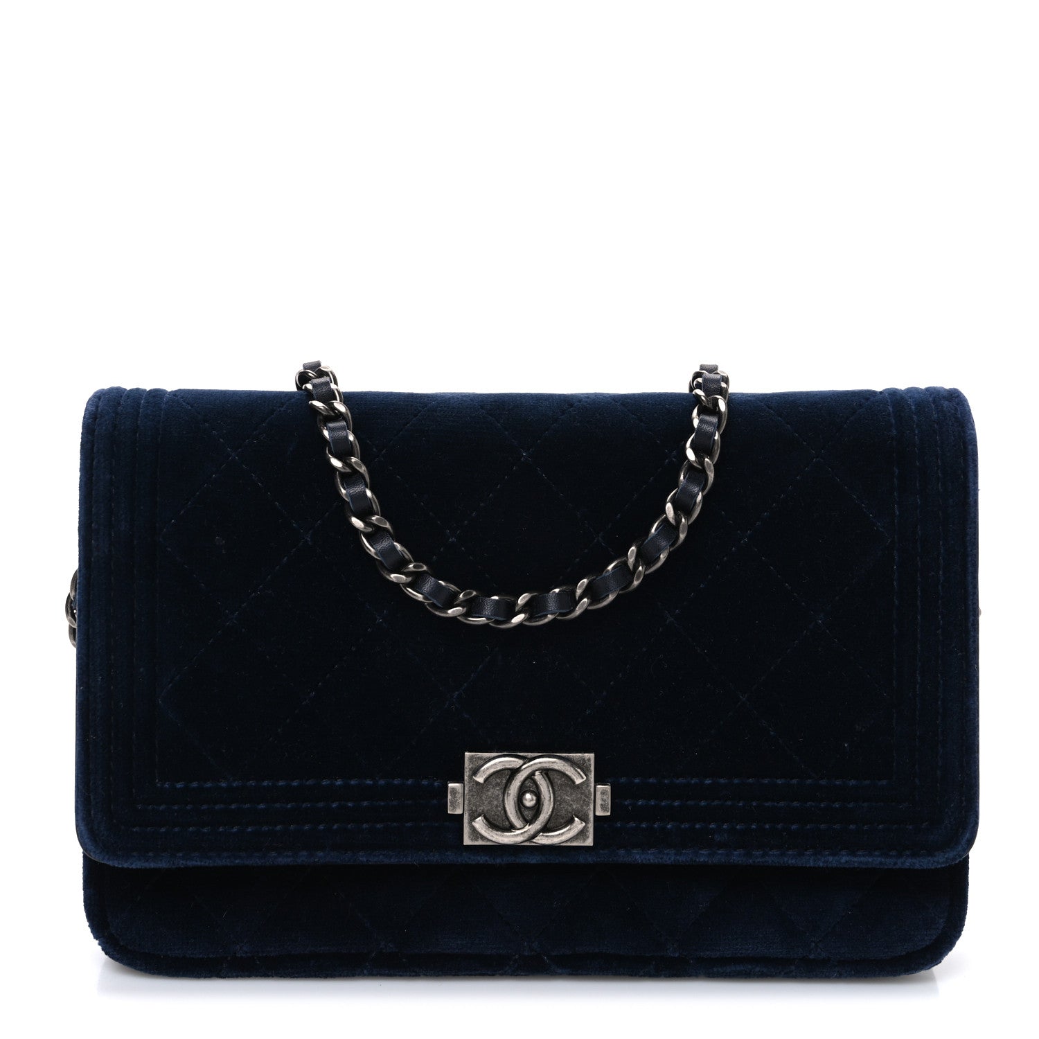 Chanel Velvet Quilted Boy Wallet On Chain WOC Blue 1 of 11