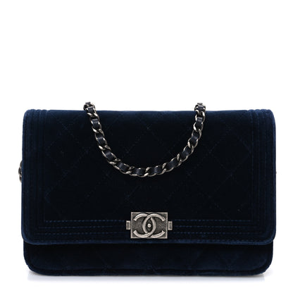 Chanel Velvet Quilted Boy Wallet On Chain WOC Blue 1 of 11