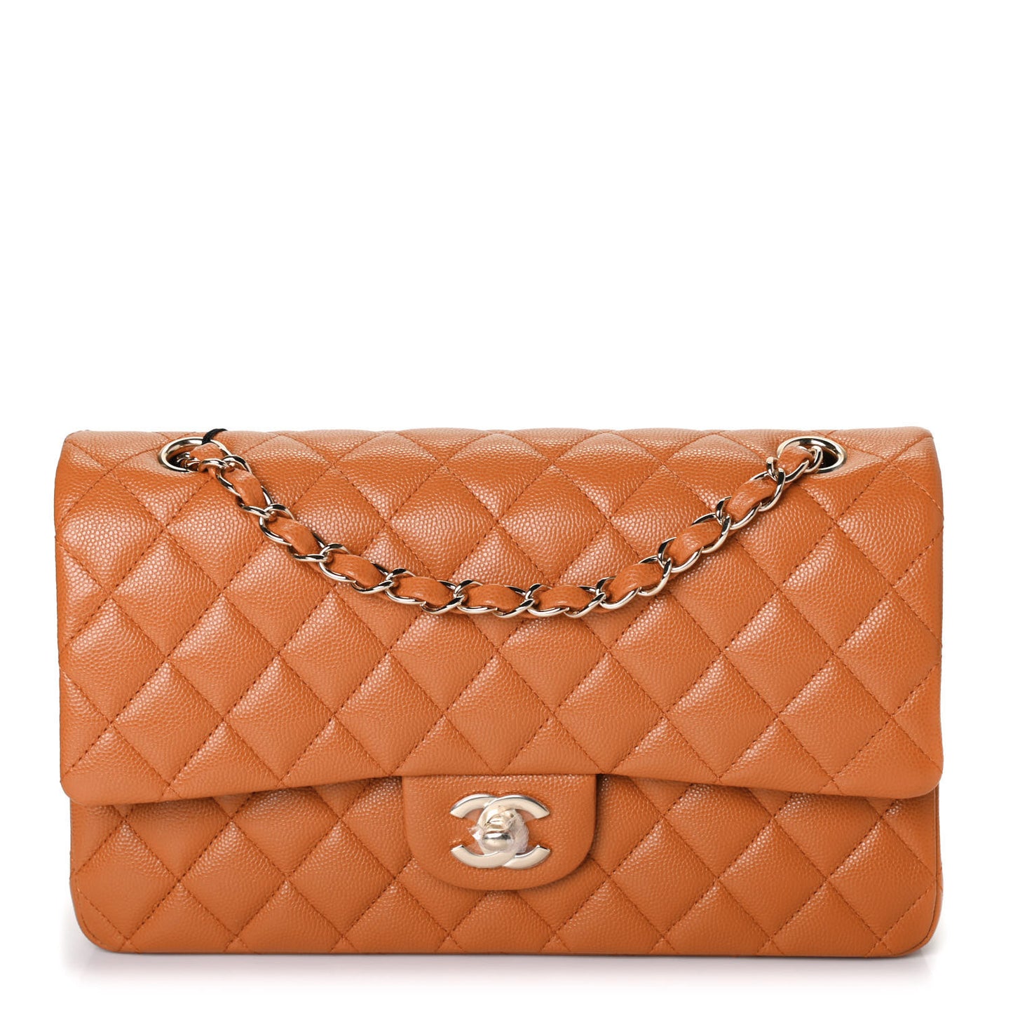Caviar Quilted Medium Double Flap Light Brown