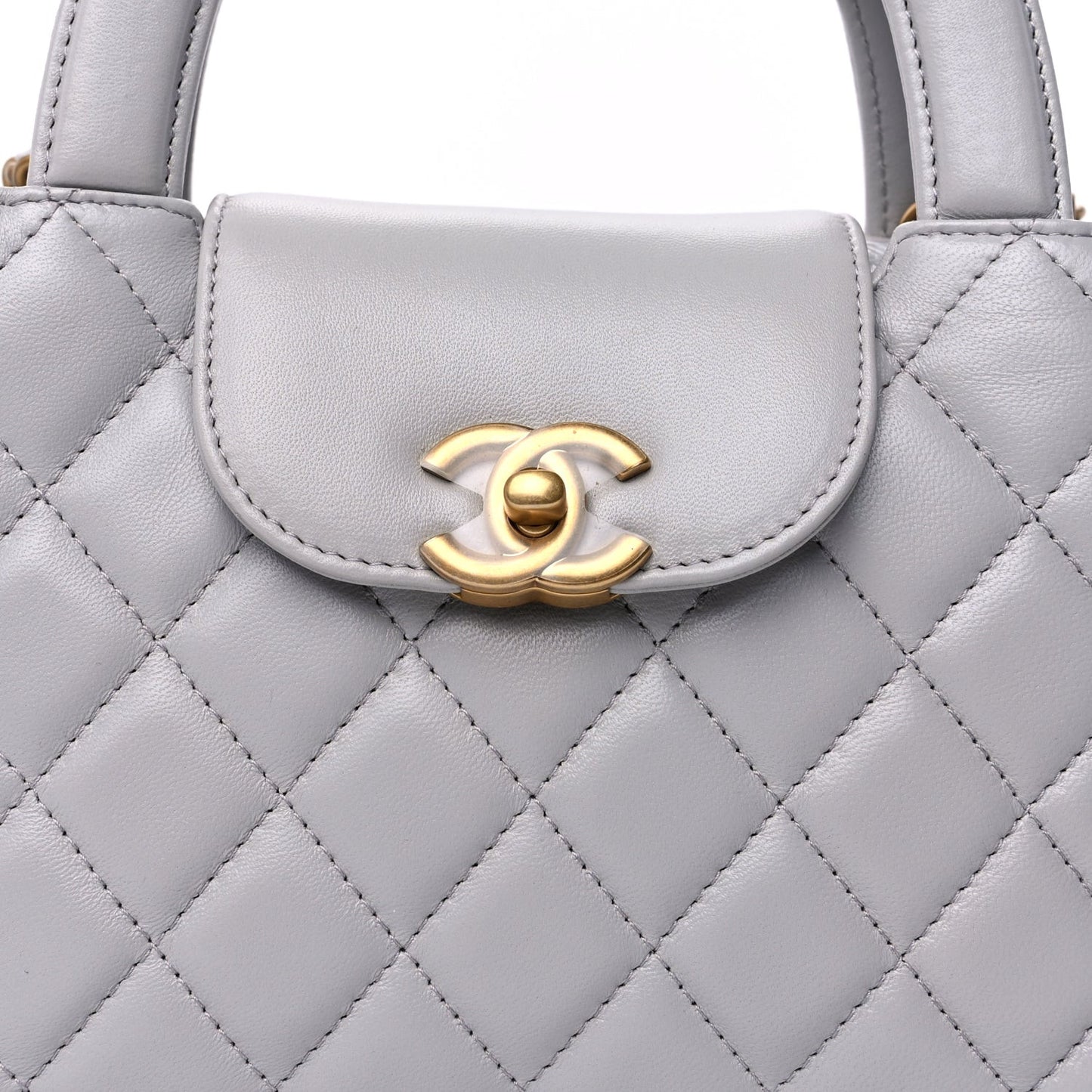 Shiny Aged Calfskin Quilted Nano Kelly Shopper  Light Grey