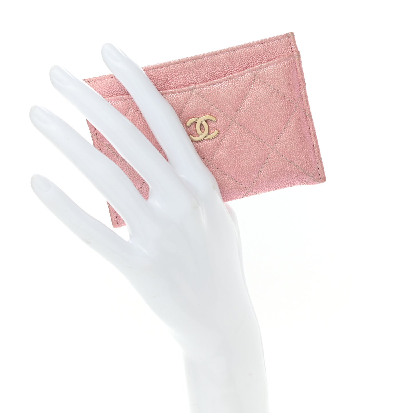 Iridescent Caviar Quilted Card Holder Pink