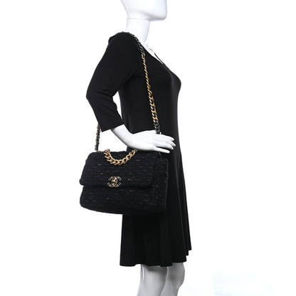 Chanel Tweed Quilted Large 19 Flap Black Navy Gold 2 of 7