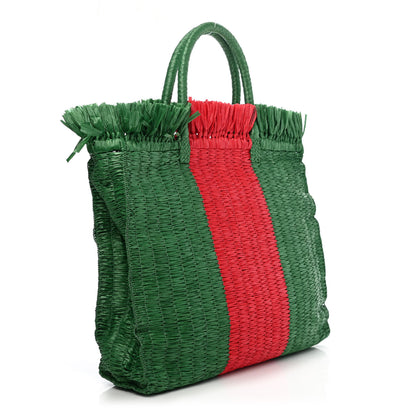 Gucci Raffia Linen Web Cestino Tote Bag Red Green 2 of 4