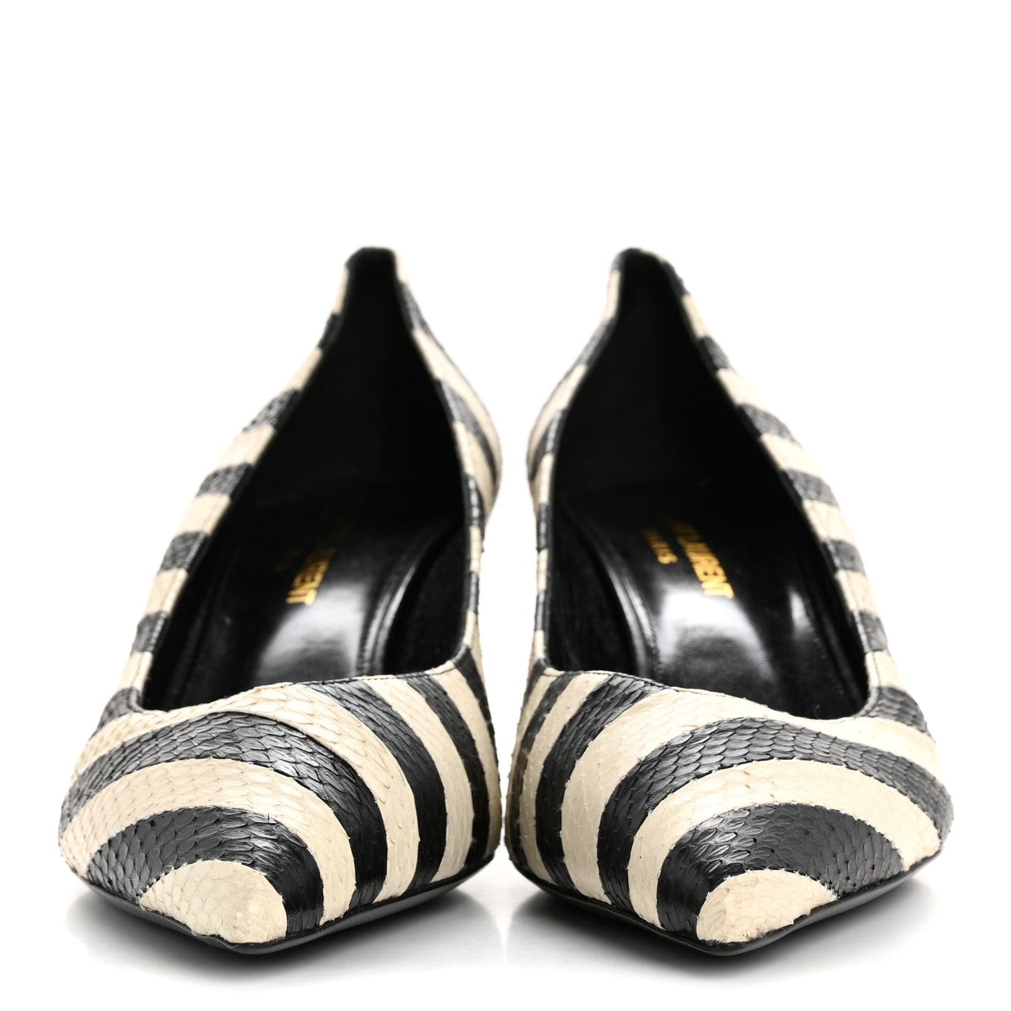Elaphe Snakeskin Striped Kiki Kitten Heel Pumps 38.5 Black Off White
