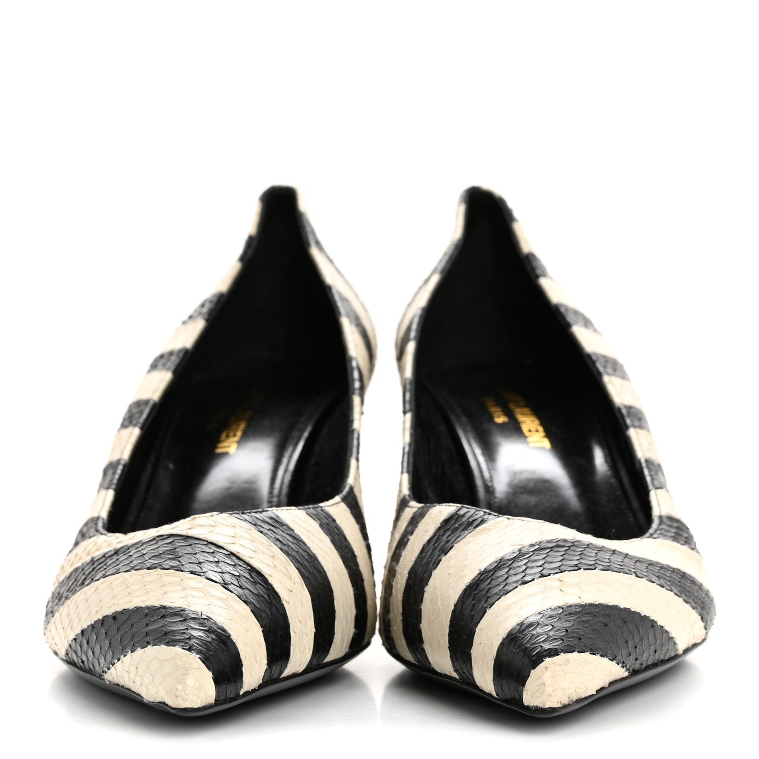 Saint Laurent Elaphe Snakeskin Striped Kiki Kitten Heel Pumps 38.5 Black Off White 3 of 7
