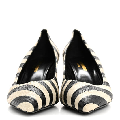 Saint Laurent Elaphe Snakeskin Striped Kiki Kitten Heel Pumps 38.5 Black Off White 3 of 7