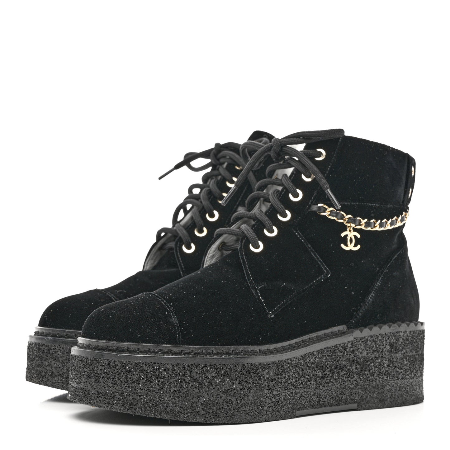 Velvet Chain Lace Up CC Short Boots 38.5 Black