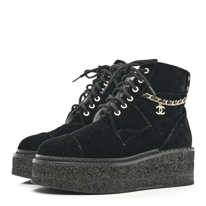 Chanel Velvet Chain Lace Up CC Short Boots 38.5 Black 3 of 9