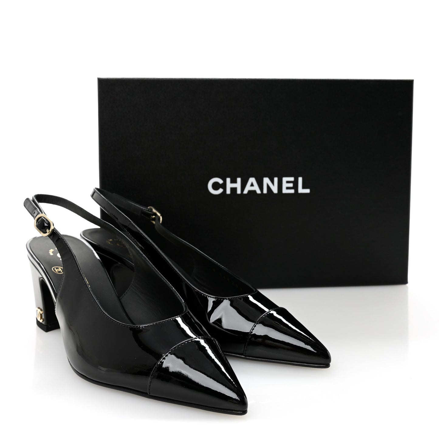 Patent Calfskin Cap Toe CC Slingback Pumps 36.5 Black