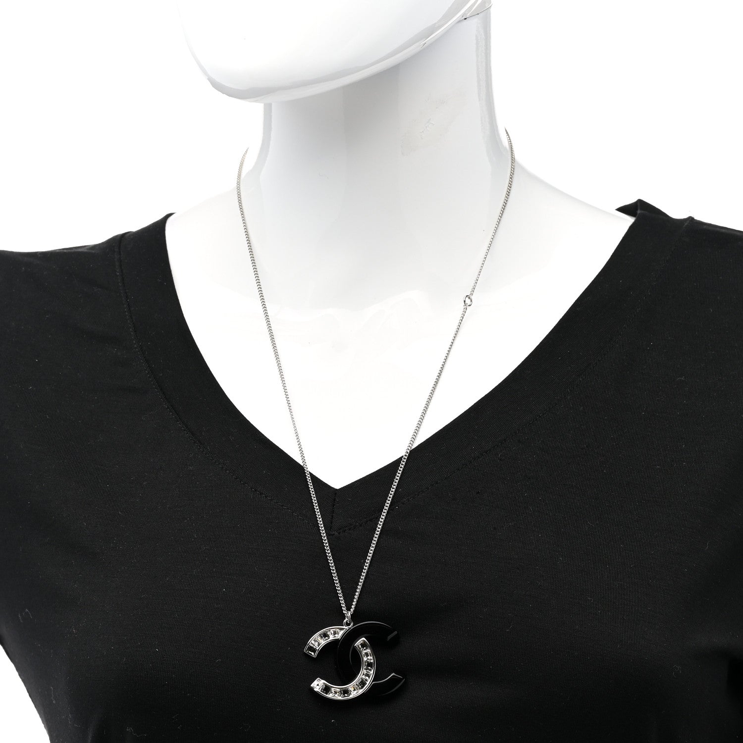 Chanel Resin Crystal Baguette CC Necklace Silver Black 2 of 6