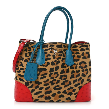 Prada Calf Hair Ostrich Leopard Print Medium Double Bag Miele Voyage 1 of 9