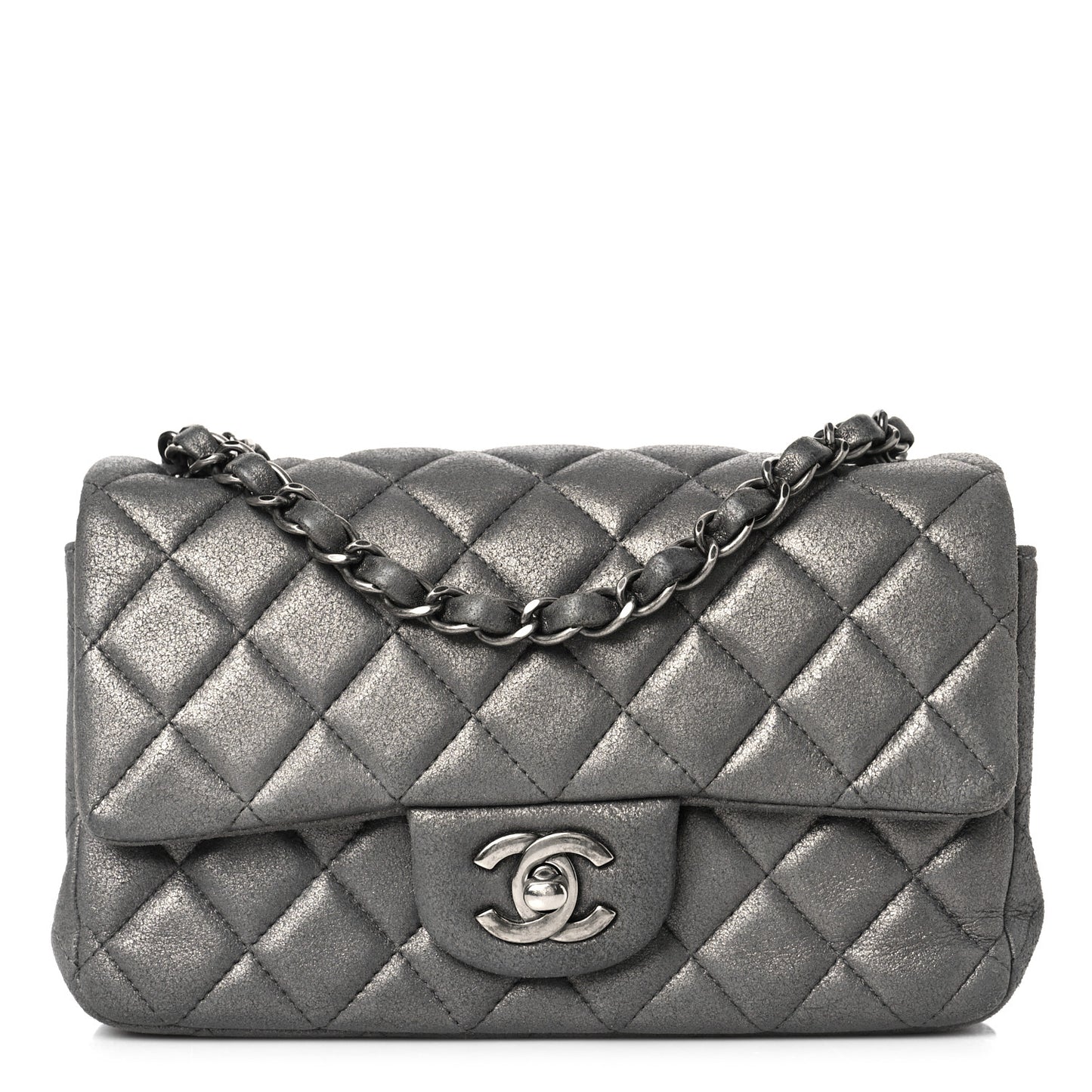 Iridescent Calfskin Quilted Mini Rectangular Flap Dark Grey