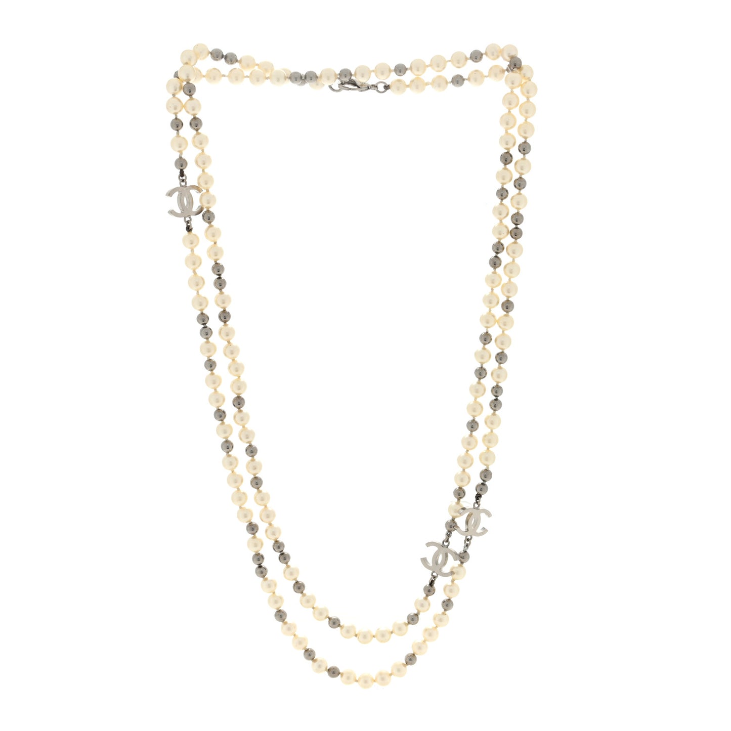 Pearl Bead CC Long Necklace Silver