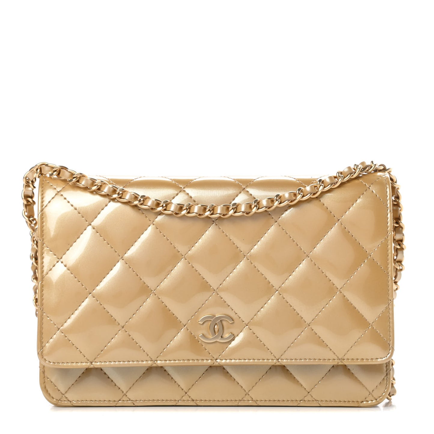 Metallic Patent Quilted Wallet On Chain WOC Gold