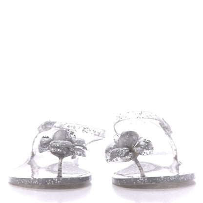 Chanel Jelly Camellia Glitter Thong Sandals 38 Silver 2 of 7
