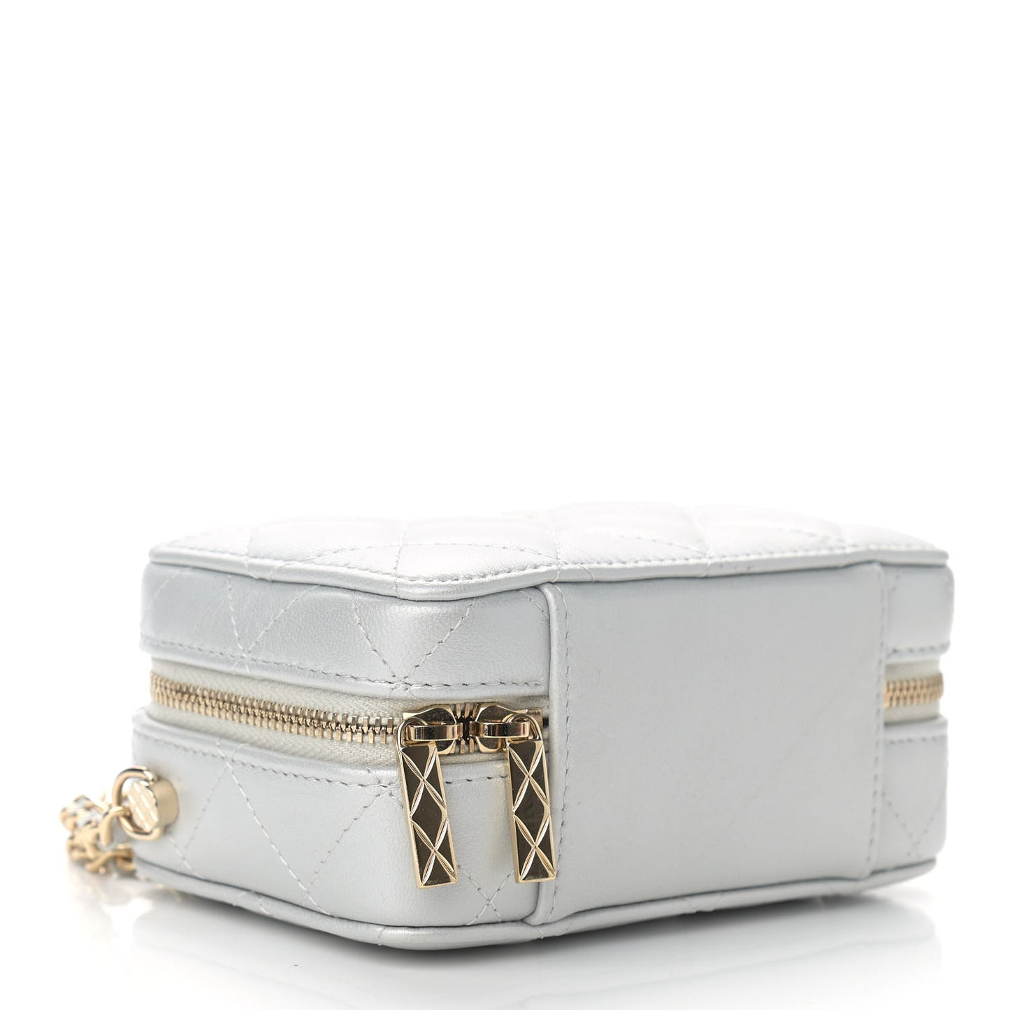 Metallic Lambskin Quilted Top Handle Vanity Case Silver