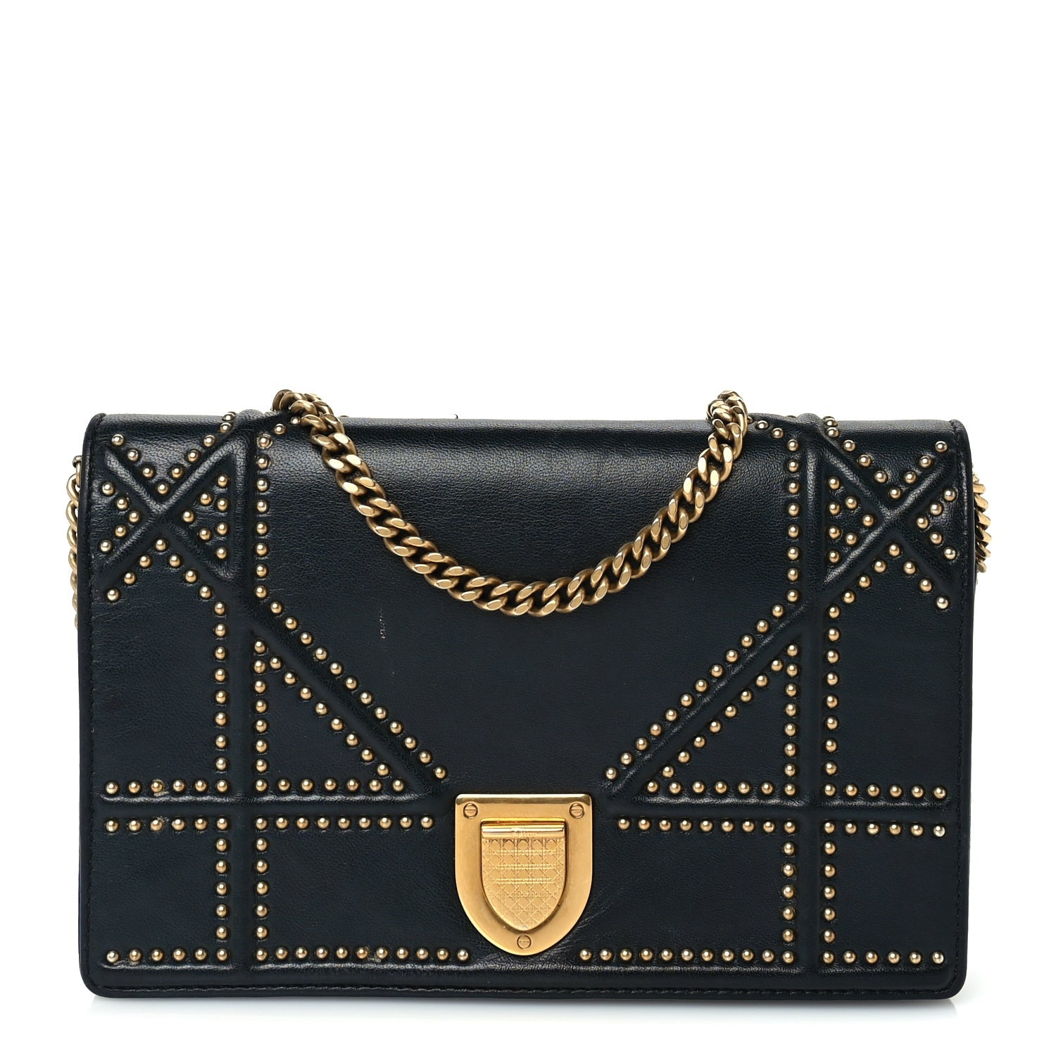 Christian Dior Calfskin Studded Diorama Wallet on Chain Pouch Green 1 of 8