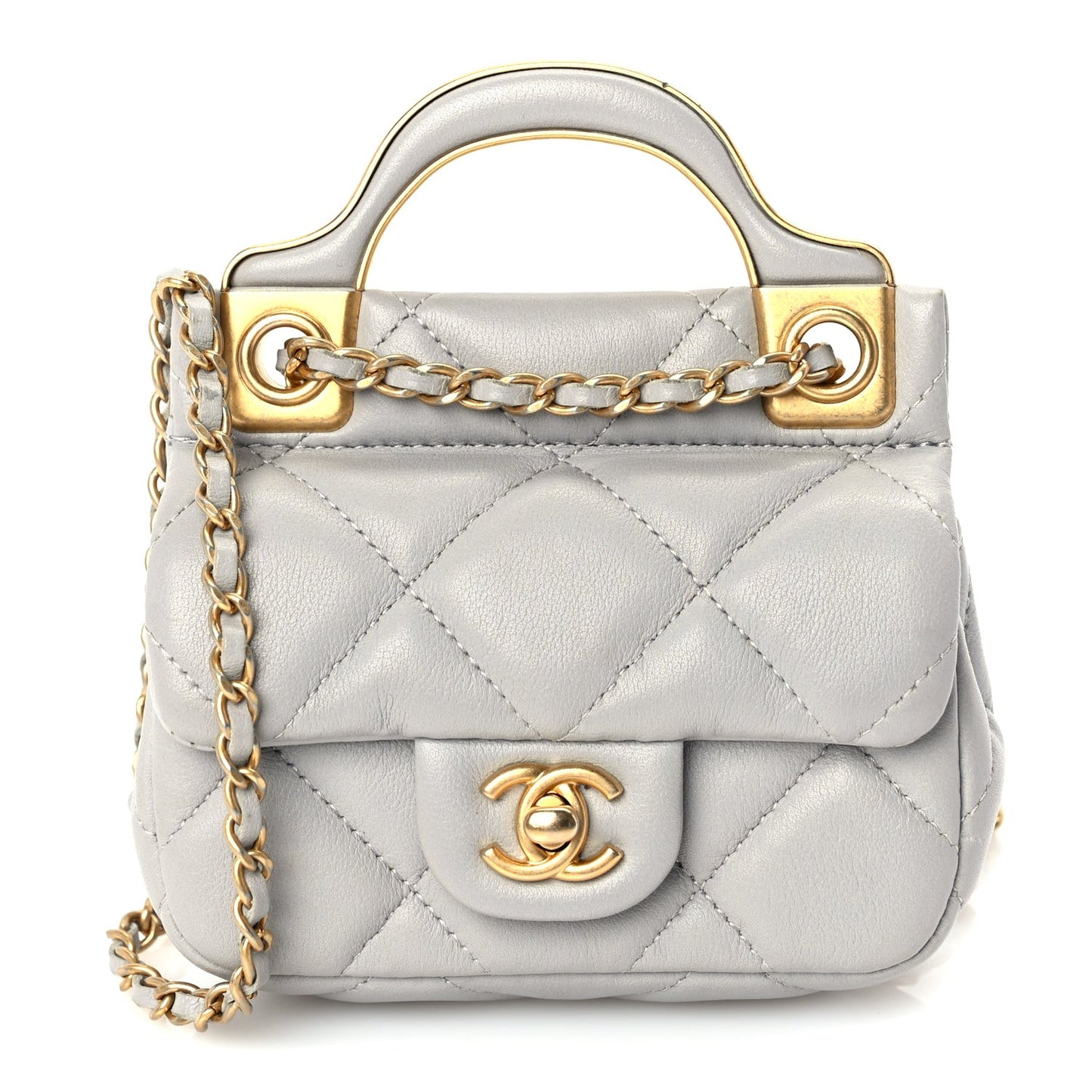 Calfskin Quilted Lady Handle Flap Card Holder With Chain  Grey