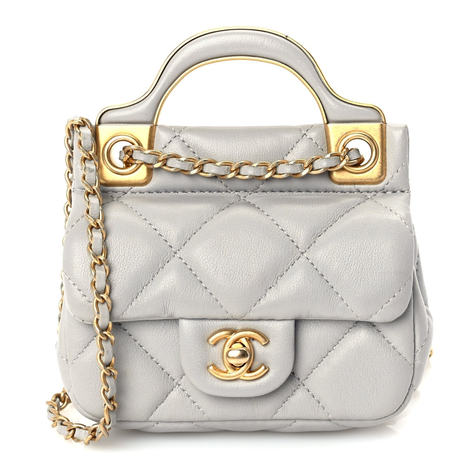 Chanel Calfskin Quilted Lady Handle Flap Card Holder With Chain  Grey 7 of 9