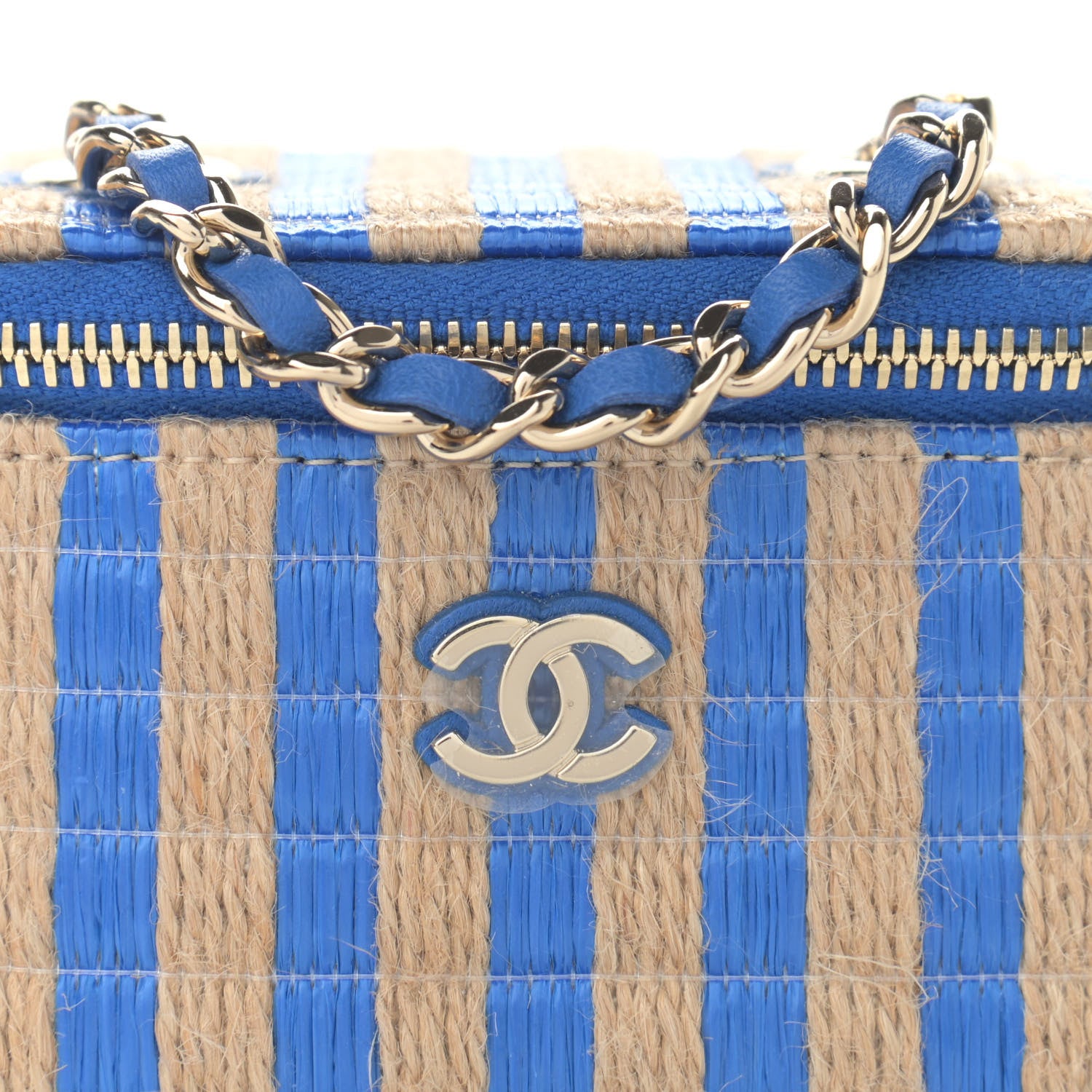 Chanel Raffia Jute Striped Mini Vanity Case With Chain Blue Beige 7 of 11