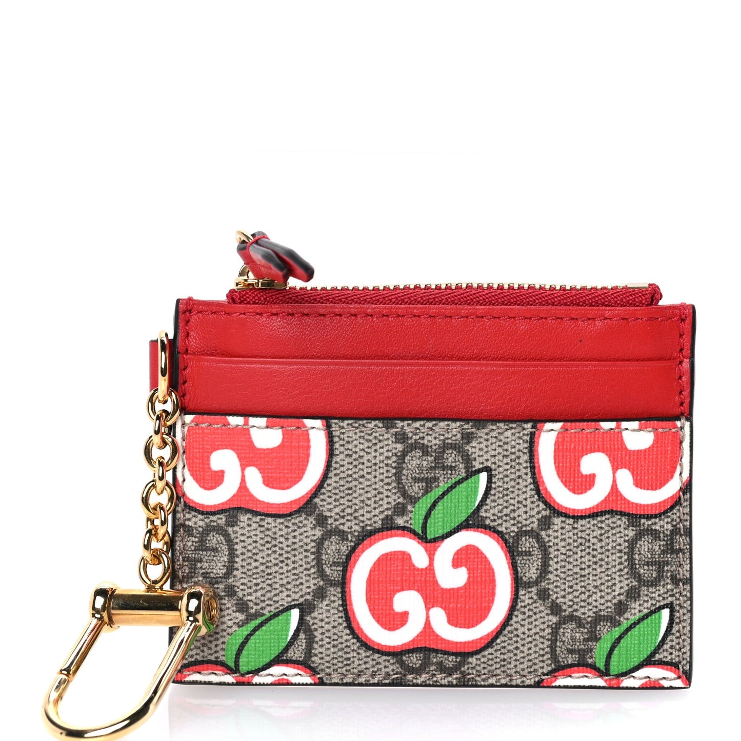 GG Supreme Monogram Apple Key Coin Case Card Holder Beige Multicolor Lobster Red
