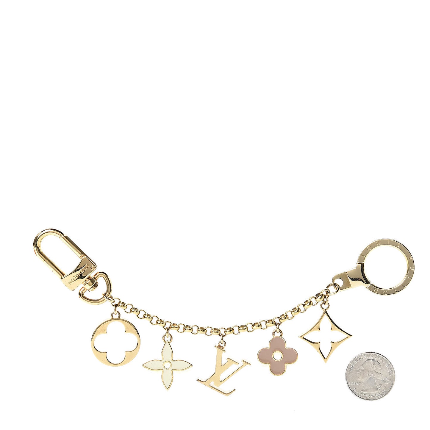 Brass Enamel Fleur De Monogram Bag Charm Chain Gold