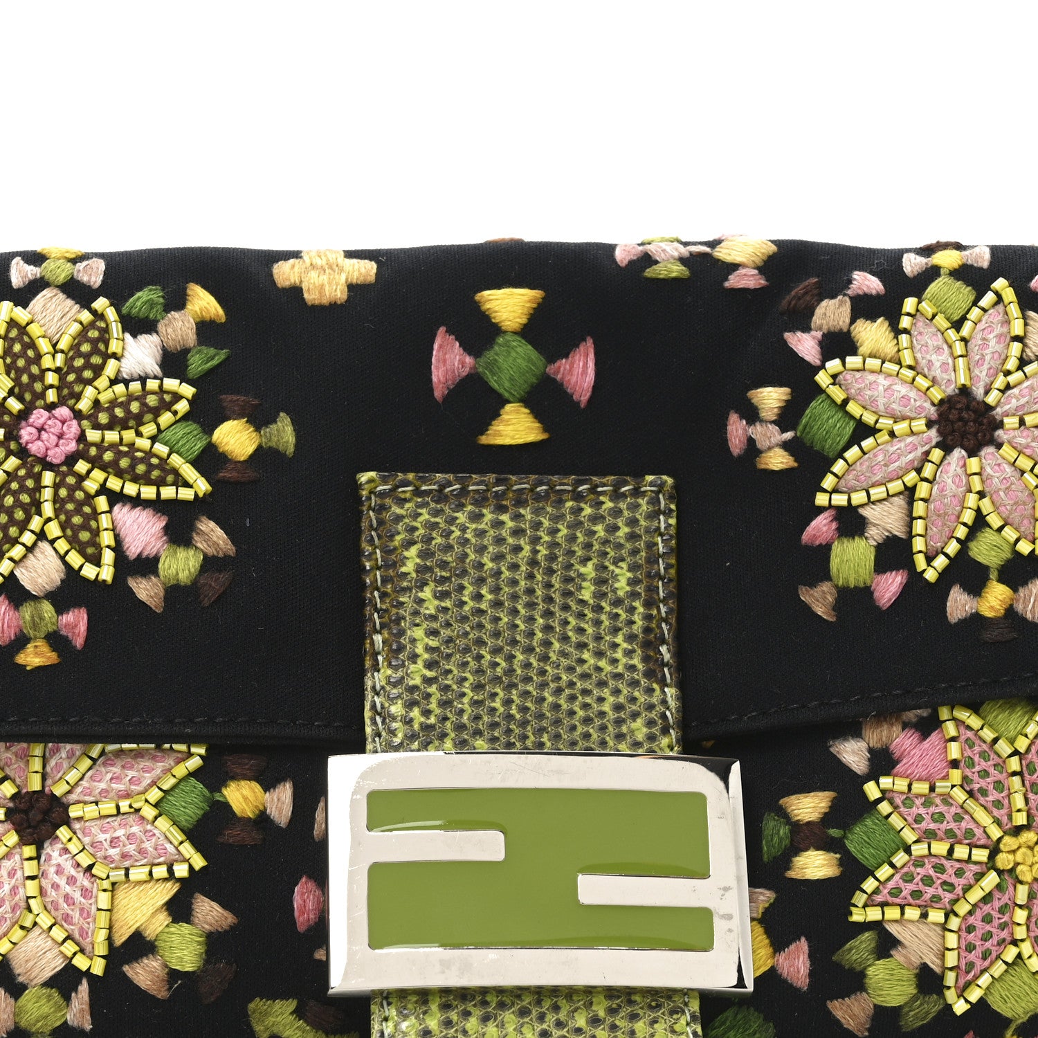Fendi Neoprene Lizard Beaded Embroidered Baguette Black Green Multicolor 7 of 9