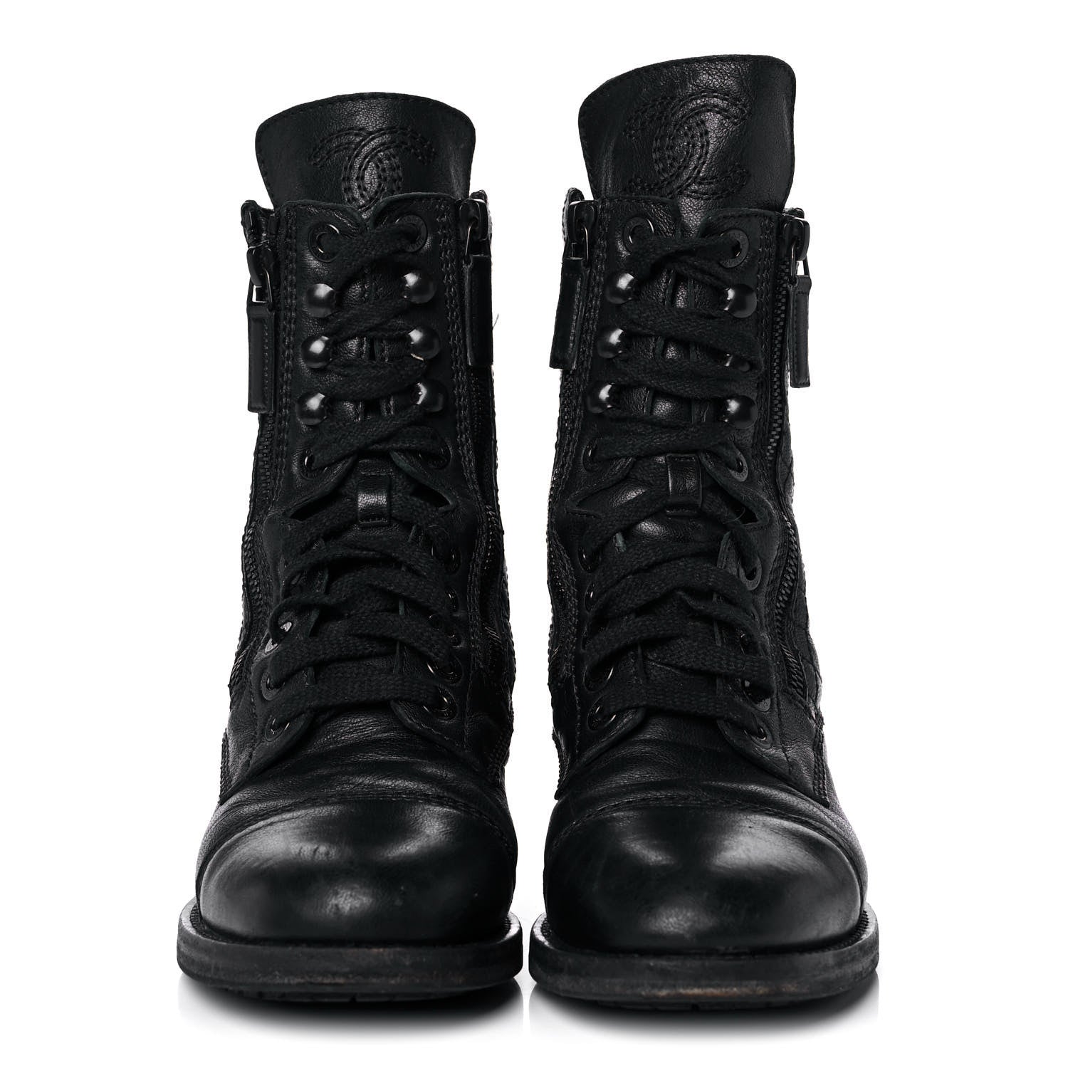 Chanel Calfskin Quilted Lace Up Combat Boots 36 Black 2 of 8